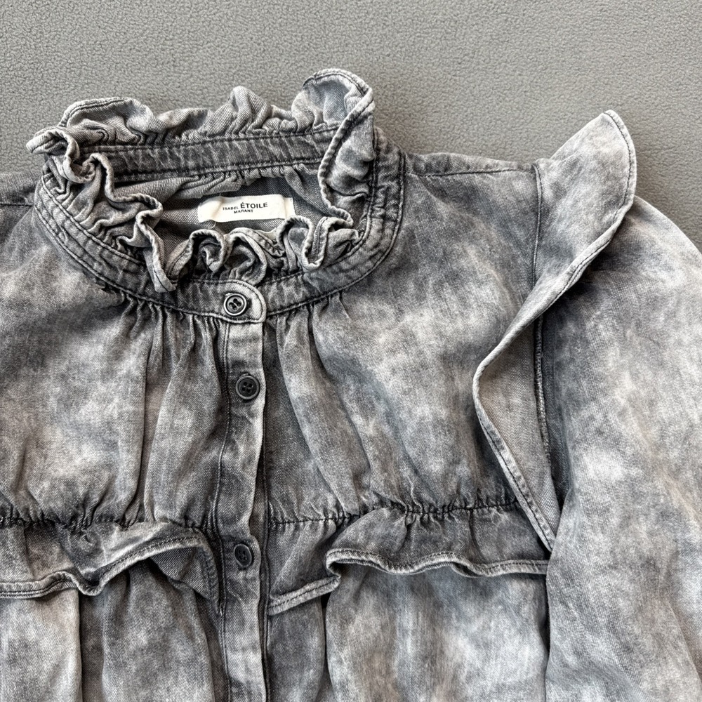 Isabel Marant Étoile Idety Ruffle Denim Cotton Long Sleeve Shirt Gray Women's 38 - Picture 6 of 14